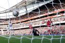 Arsenal\'s Gabriel Martinelli scores their first goal against Liverpool