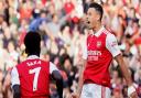 Arsenal\'s Gabriel Martinelli celebrates scoring their first goal against Liverpool