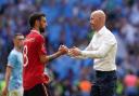 Bruno Fernandes, left, has thanked Erik ten Hag ‘for everything’ after the Dutchman was sacked by Manchester United (Martin Rickett/PA)