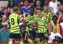 Leandro Trossard celebrates scoring at Old Trafford Image: PA