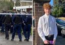 Police officers in Primrose Hill (left) and a picture of stabbing victim Harry Pitman (right)