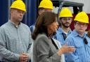 Employees listen as Democratic presidential nominee Vice President Kamala Harris speaks after touring the Hemlock Semiconductor Next-Generation Finishing facility in Hemlock, Michigan (Jacquelyn Martin/AP)