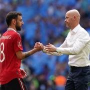 Bruno Fernandes, left, has thanked Erik ten Hag ‘for everything’ after the Dutchman was sacked by Manchester United (Martin Rickett/PA)