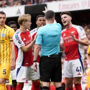 Declan Rice pleads his innocence to referee Chris Kavanagh Image: PA