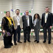 (L to R) North London Grammar School senior deputy head Gillian Erdil, headteacher H. Fatih Adak, mayor of Barnet Cllr Tony Vourou, deputy headteacher Lena Dhrona, business manager Ismail Akbas. Photo: North London Grammar School