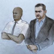 Court artist drawing by Elizabeth Cook of political activist Tommy Robinson (right), whose real name is Stephen Yaxley-Lennon, appearing at Woolwich Crown Court