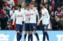 Tottenham Hotspur's Dejan Kulusevski (second right) celebrates with team-mates after scoring their second goal at Aston Villa