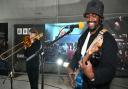 Hak Baker and Helen Vollam perform at the topping out ceremony for the BBC's new East Bank music studios