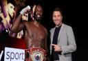 Lawerence Okolie vs Krzysztof Glowacki, WBO Crusierweight Title Contest, SSE Wembley Arena. 20 March 2021 Picture By Mark Robinson Matchroom Boxing. Lawerence Okolie celebrates his win with Eddie Hearn.