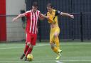 Bradley Sach of Bowers and Mickey Parcell of Hornchurch during Bowers & Pitsea vs Hornchurch, Emirates FA Cup Football at The Len Salmon Stadium on 2nd October 2021