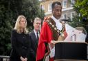 Camden mayor Cllr Nasim Ali OBE reads proclamation in the presence of Camden leader Cllr Georgia Gould and Labour leader Sir Keir Starmer