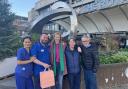 Lauren MacDonald, centre, returns to the Royal Free where last Christmas liver transplant co-ordinator Michael McHugh (second left) operated to save her life