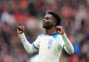 Bukayo Saka celebrates his stunning goal for England against Ukraine