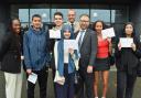 Cllr Marcus Boyland joins students from Hampstead School on GCSE results day (Image: Camden Council)