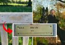 The vandalised bench (left) and the plaque pictured before it was stolen (middle) with Ricky Gervais pictured on a bench (right)