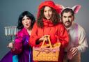 Debbie Chazen as Dame Hoodman, Gemma Barnett as Red and Josh Glanc as The Pig in Little Red Riding Hood and The Big Bad Pig. Image: Oliver Rosser