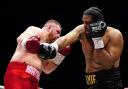 Jeamie Tshikeva (right) in action against Kostiantyn Dovbyshchenko in their heavyweight bout at the OVO Arena, Wembley. Image: PA