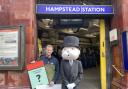 Mr Monopoly and game designer John Keen-Tomlinson outside Hampstead station earlier this year