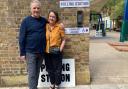 Voters Charlie Viney and Helen Greaves outside Brookfield Primary School, in Dartmouth Park