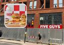 A sign on the front of the upcoming Five Guys burger restaurant in West Hampstead and (inset) a Five Guys meal