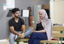 Usaamah Ibraheem Hussain and Humera Syed in rehearsal for Peanut Butter and Blueberries at Kiln Theatre