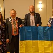 Maryna Ivaniuk, Hackney Speaker Michael Desmond, Hackney Mayor Philip Glanville, Nataliya Nayda at reception for Ukraine