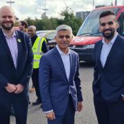 Mayor of Hackney Philip Glanville, Mayor of London Sadiq Khan (centre) and Cllr Mete Coban met at Olympic Park in Hackney to mark the extension of the Ultra Low Emission Zone (ULEZ).