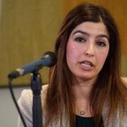 Roxanne Tahbaz, the daughter of Morad Tahbaz, during a press conference hosted by MP Tulip Siddiq