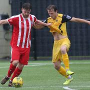 Bradley Sach of Bowers and Mickey Parcell of Hornchurch during Bowers & Pitsea vs Hornchurch, Emirates FA Cup Football at The Len Salmon Stadium on 2nd October 2021