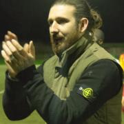 Hendon manager Lee Allinson celebrates the victory (pic DBeechPhotography)