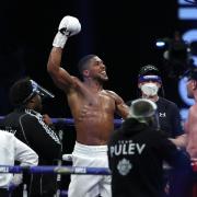 Anthony Joshua celebrates beating Kubrat Pulev during their IBF, WBA, WBO & IBO Heavyweight World Titles bout against at the Wembley Arena, London.