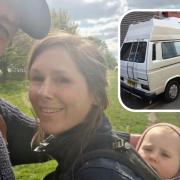 Alan pictured with his wife and daughter, and a picture of the stolen campervan, registration number E109 SHB