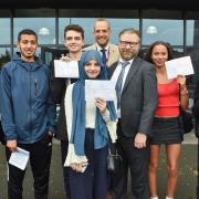 Cllr Marcus Boyland joins students from Hampstead School on GCSE results day (Image: Camden Council)