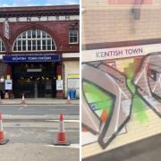 Outside Kentish Town station and a screengrab from a video shared by @KentishCyclist showing the graffiti