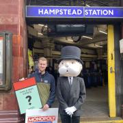 Mr Monopoly and game designer John Keen-Tomlinson outside Hampstead station earlier this year