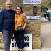 Voters Charlie Viney and Helen Greaves outside Brookfield Primary School, in Dartmouth Park