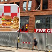 A sign on the front of the upcoming Five Guys burger restaurant in West Hampstead and (inset) a Five Guys meal