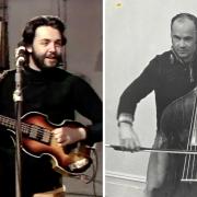 (Left) Paul McCartney with his 'Beatle' bass and (right) Nicholas with his Thomas Kennedy double bass