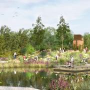 An image of the pond in the new garden being developed for Queen Elizabeth II in The Regent's Park