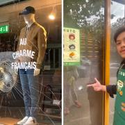 Balibaris (left) is among the shops to be targeted. Right: Karuto waiter Adnan stands next to the damage at Ine restaurant.