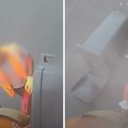 A video shows the moment a Barnet rubbish truck crushes a combustible item, causing an explosion