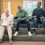 Jasper Britton, Richard Pepple and Sule Rimi in rehearsals for The Purists at Kiln Theatre