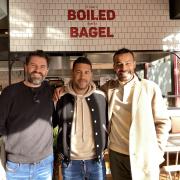 Yoav Baumgarten. Alon Kubi and Neaz Bhuiyan at the opening  of B Bagel in Swain's Lane, near Hampstead Heath