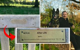 The vandalised bench (left) and the plaque pictured before it was stolen (middle) with Ricky Gervais pictured on a bench (right)