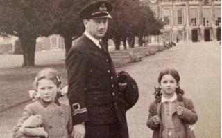 Anthea (left), and her sister Penelope with their father Theo Ionides taken at Hampton Court on his final home leave