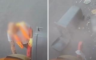 A video shows the moment a Barnet rubbish truck crushes a combustible item, causing an explosion