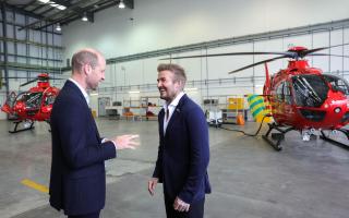 Prince William and David Beckham during a visit to RAF Northolt to view two new London Air Ambulance Charity helicopters