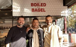 Yoav Baumgarten. Alon Kubi and Neaz Bhuiyan at the opening  of B Bagel in Swain's Lane, near Hampstead Heath